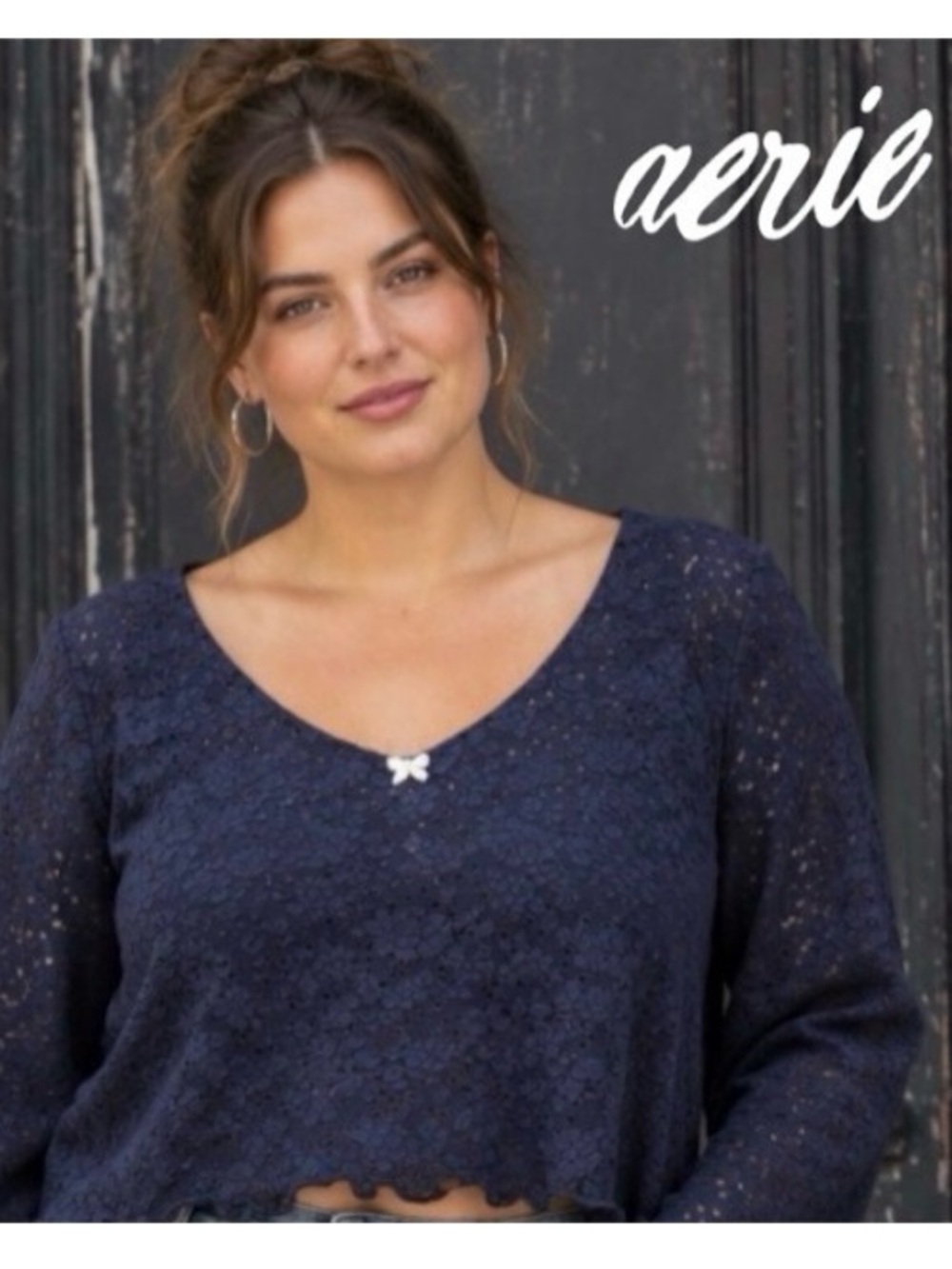 XXL aerie Navy Floral Lace Stretch Long-Sleeve Crop Top with Built-in Shelf Bra